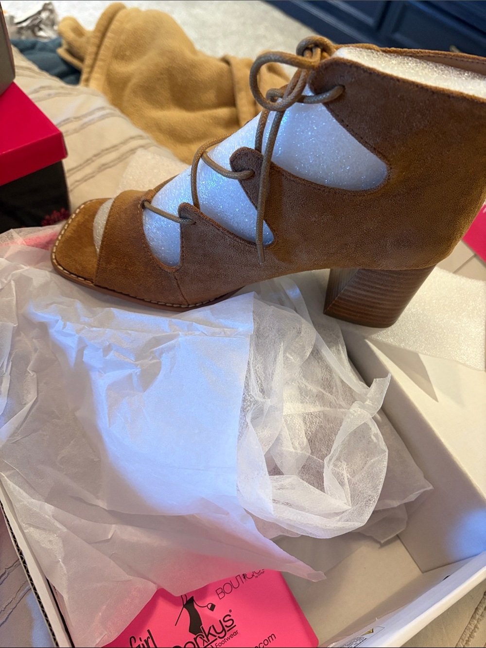 Suede Lace-Up Peep Toe Bootie - Brown size 9 new in box